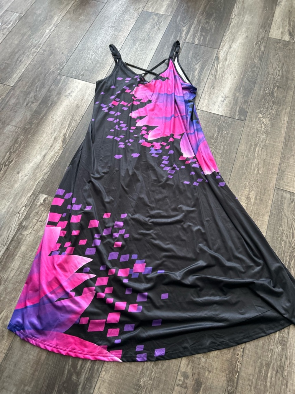Private Label Black Maxi Dress with Pink & Purple Graphic Print  XL. BP2